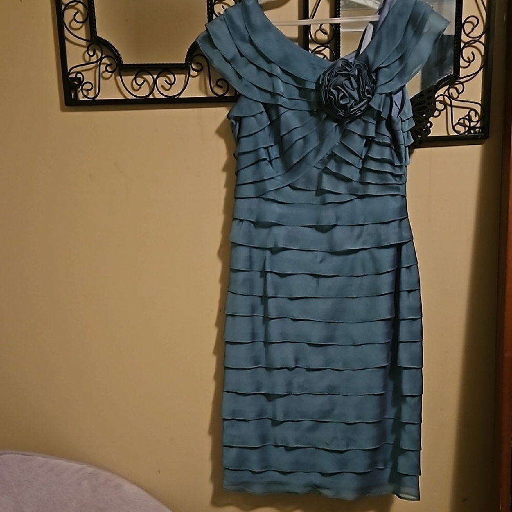 London Times Blue Asymmetrical Ruched Sheath Dress